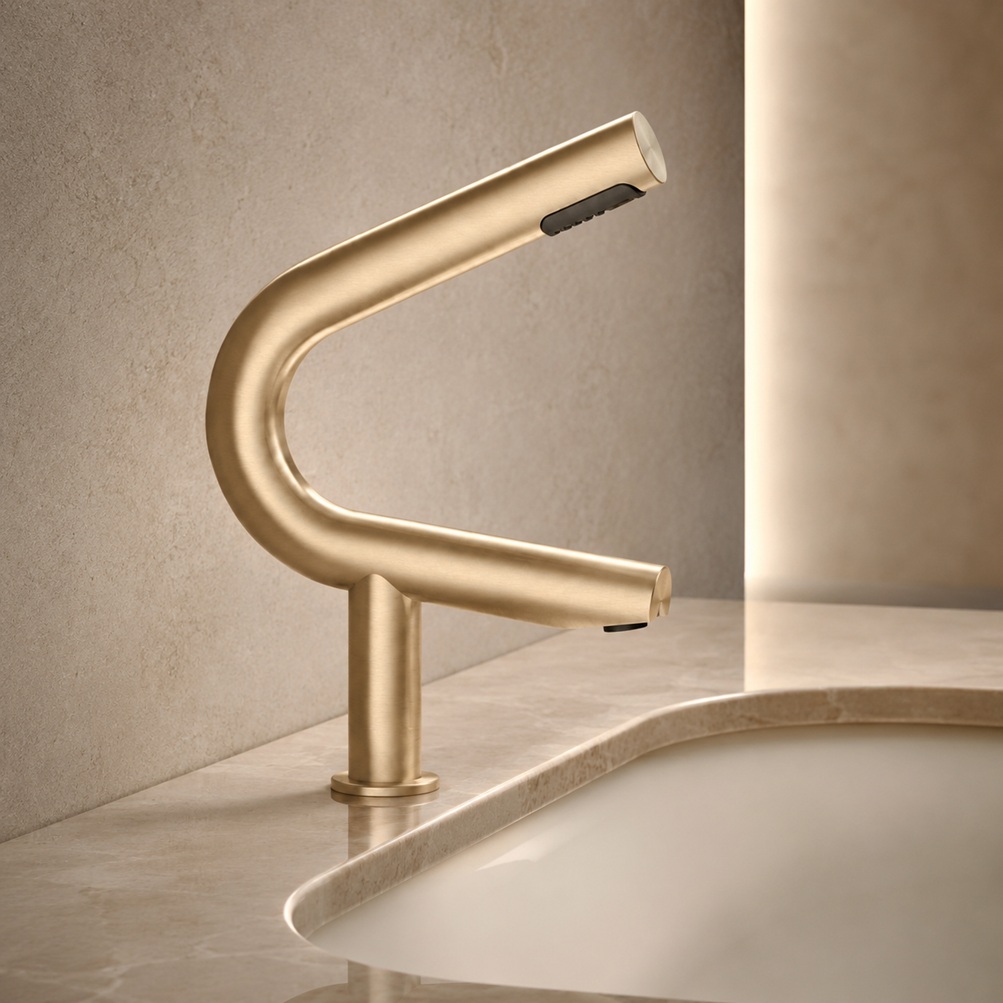 Brushed gold dual-spout touchless faucet model with curved sculptural body installed on a cream stone bathroom vanity with rounded sink basin